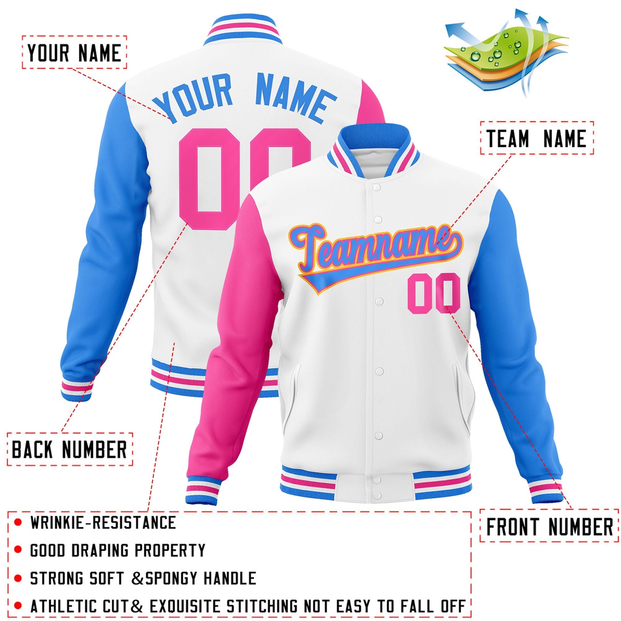 Custom White Powder Blue-Pink Raglan Sleeves Varsity Full-Snap Letterman Jacket