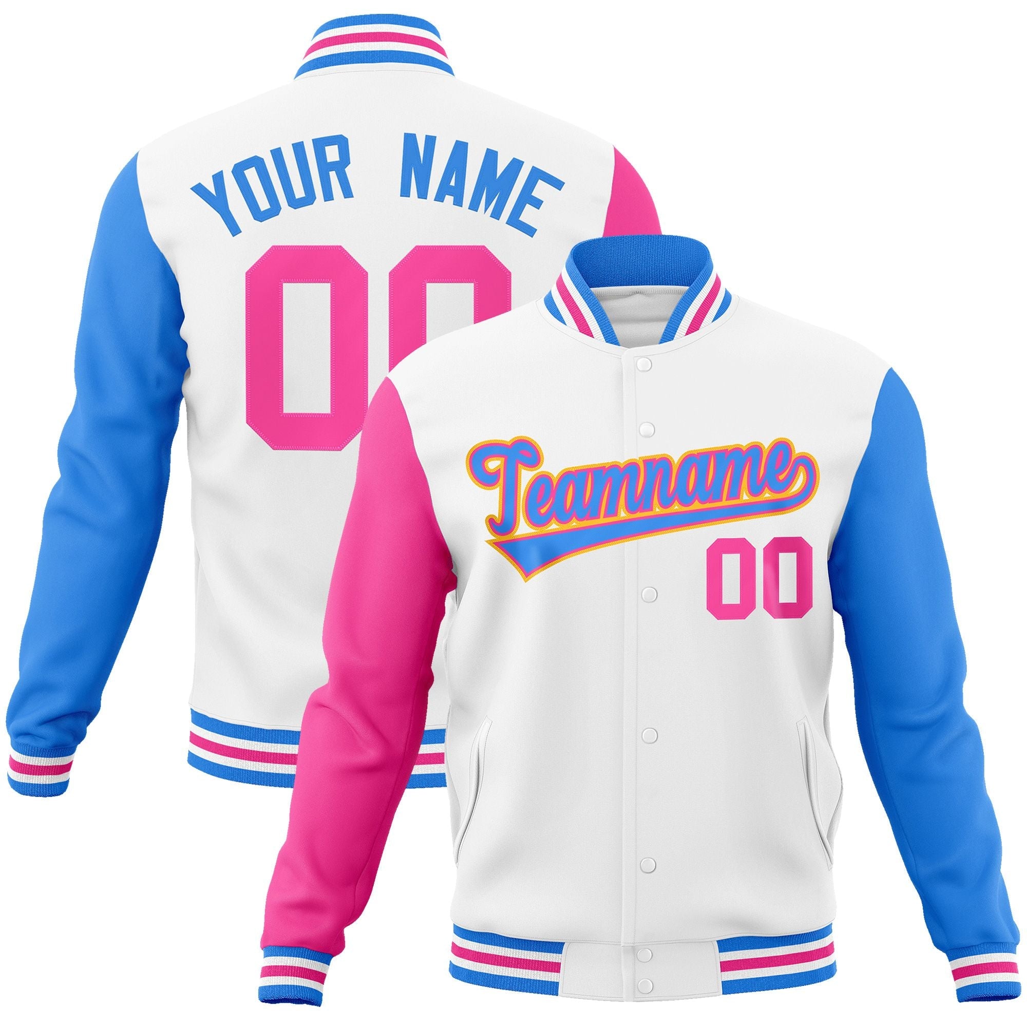 Custom White Powder Blue-Pink Raglan Sleeves Varsity Full-Snap Letterman Jacket