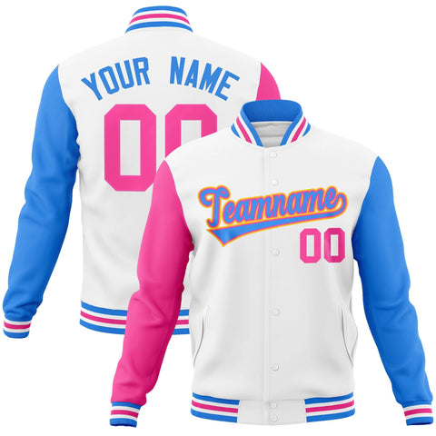 Custom White Powder Blue-Pink Raglan Sleeves Varsity Full-Snap Letterman Jacket