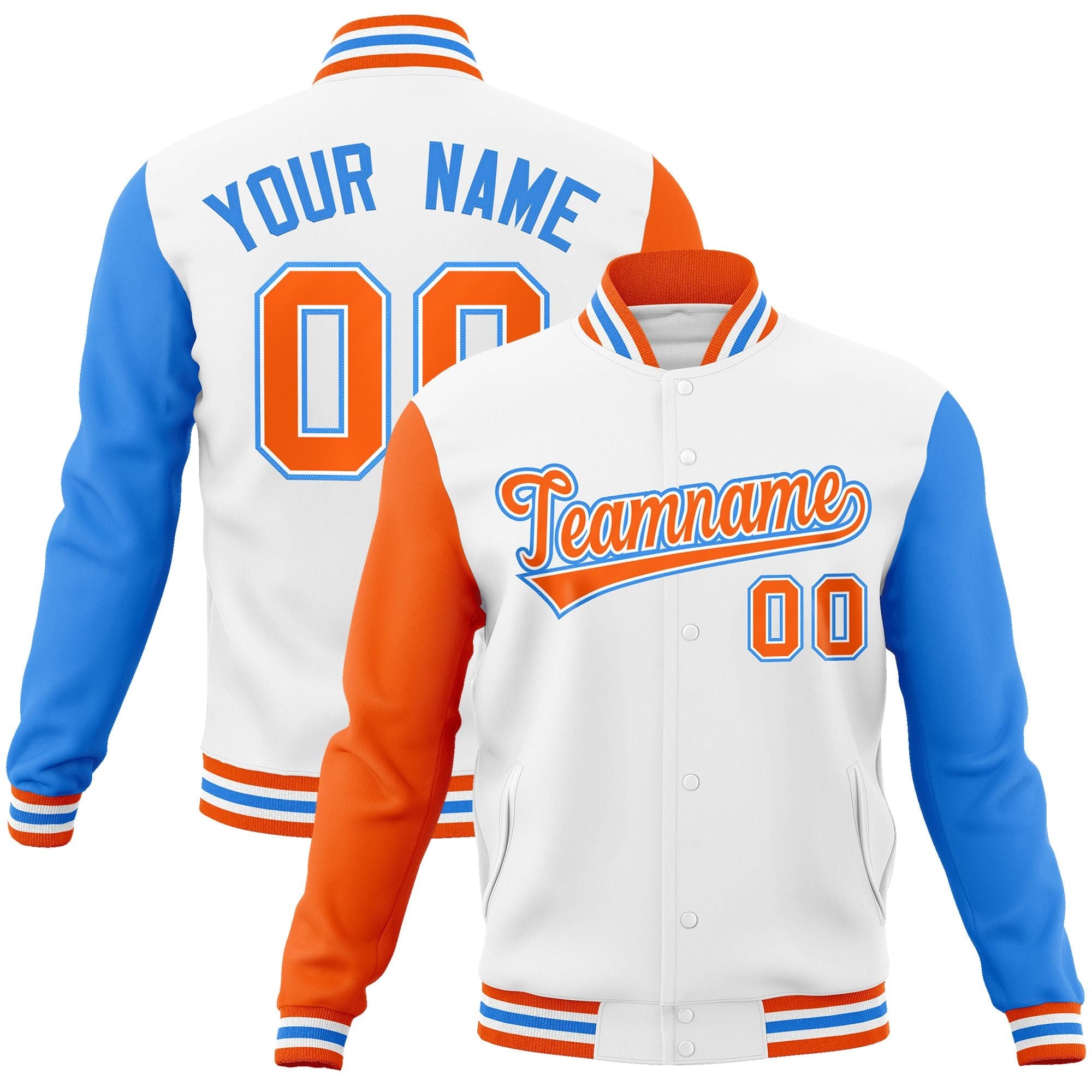 Custom White Orange-White Raglan Sleeves Varsity Full-Snap Letterman Jacket