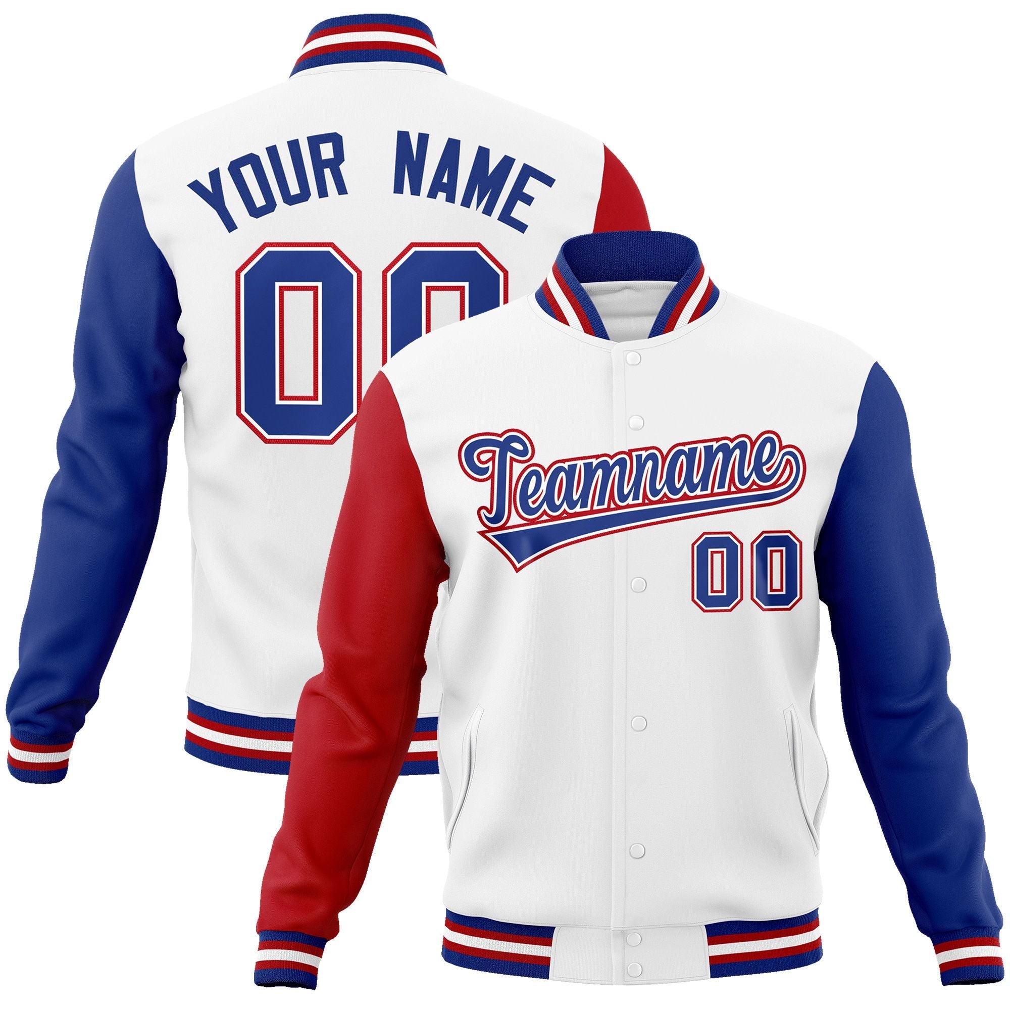 Custom White Royal-White Raglan Sleeves Varsity Full-Snap Letterman Jacket