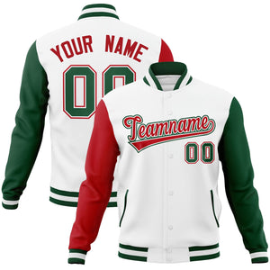 Custom White Red-White Raglan Sleeves Varsity Full-Snap Letterman Jacket