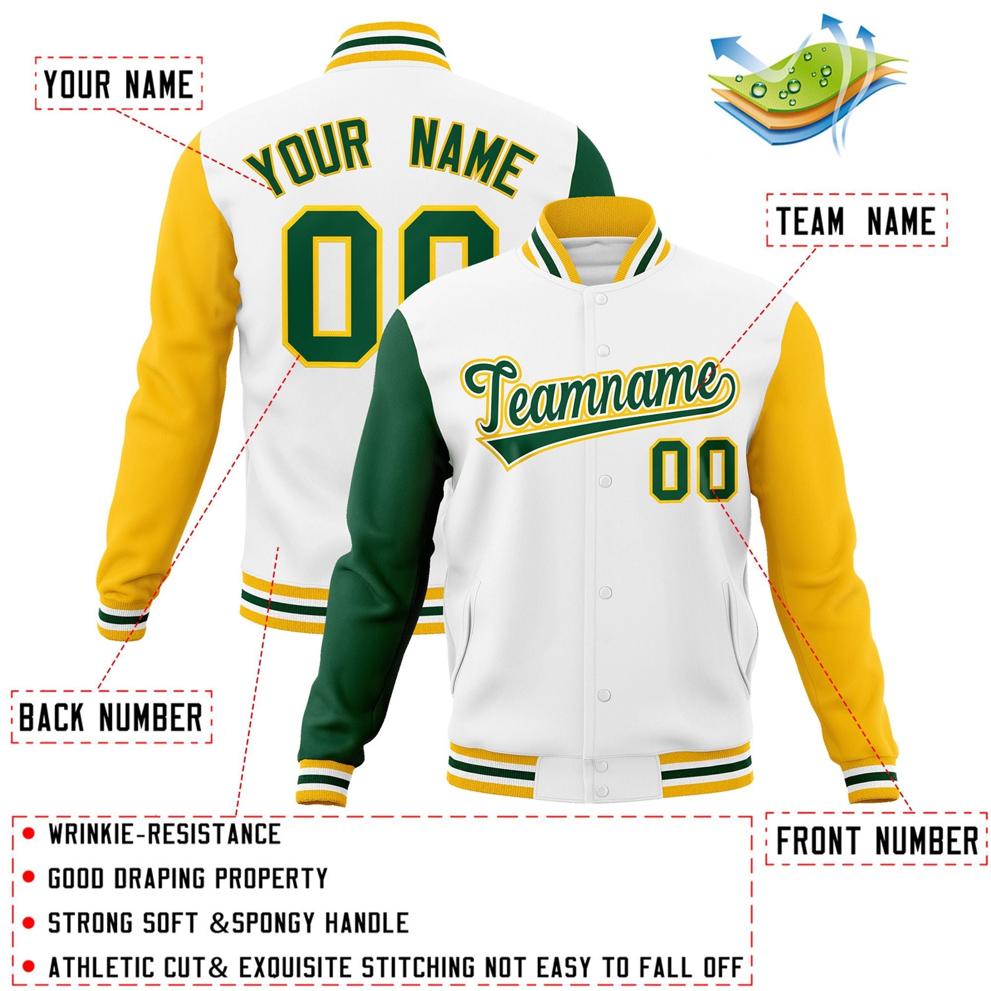 Custom White Green-White Raglan Sleeves Varsity Full-Snap Letterman Jacket