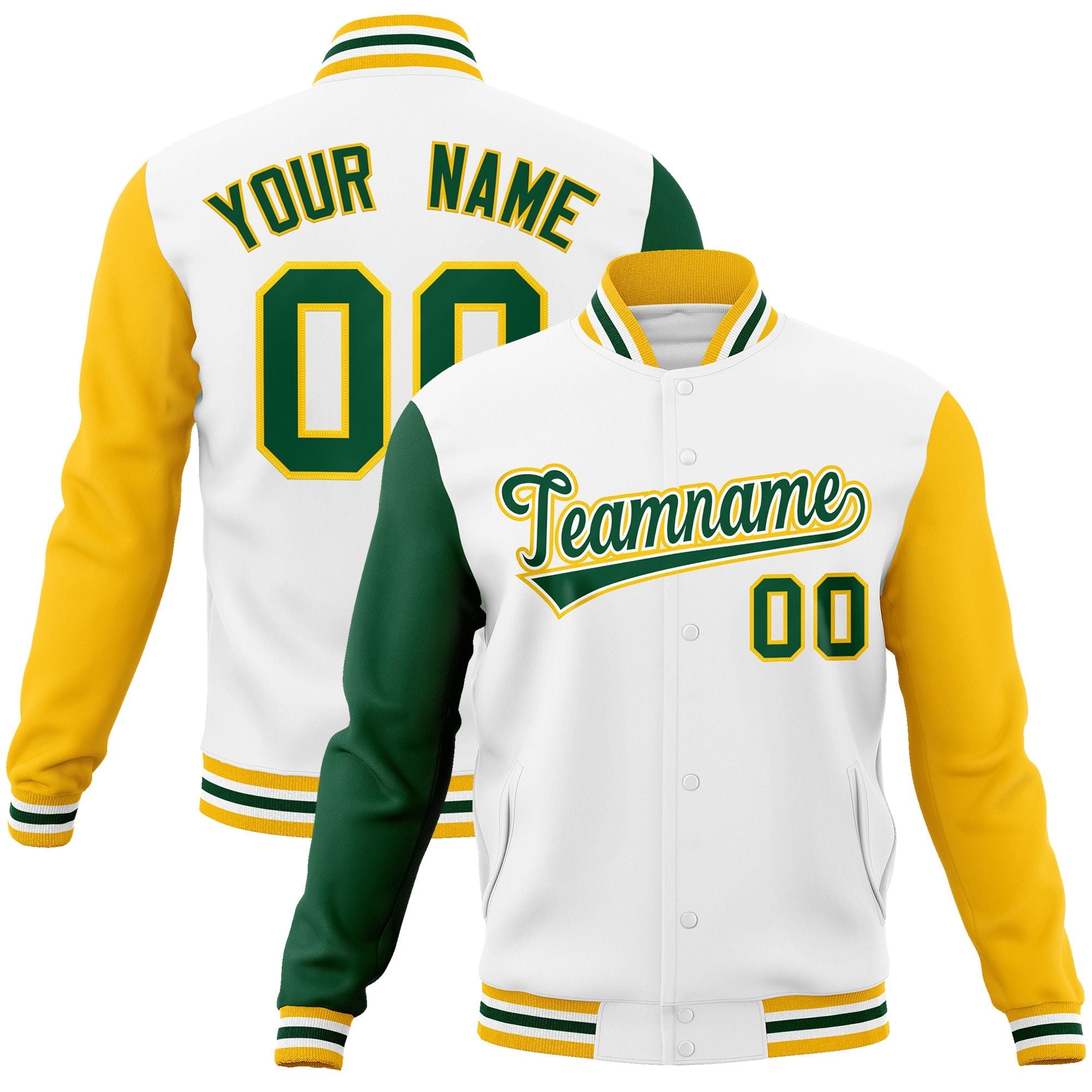 Custom White Green-White Raglan Sleeves Varsity Full-Snap Letterman Jacket