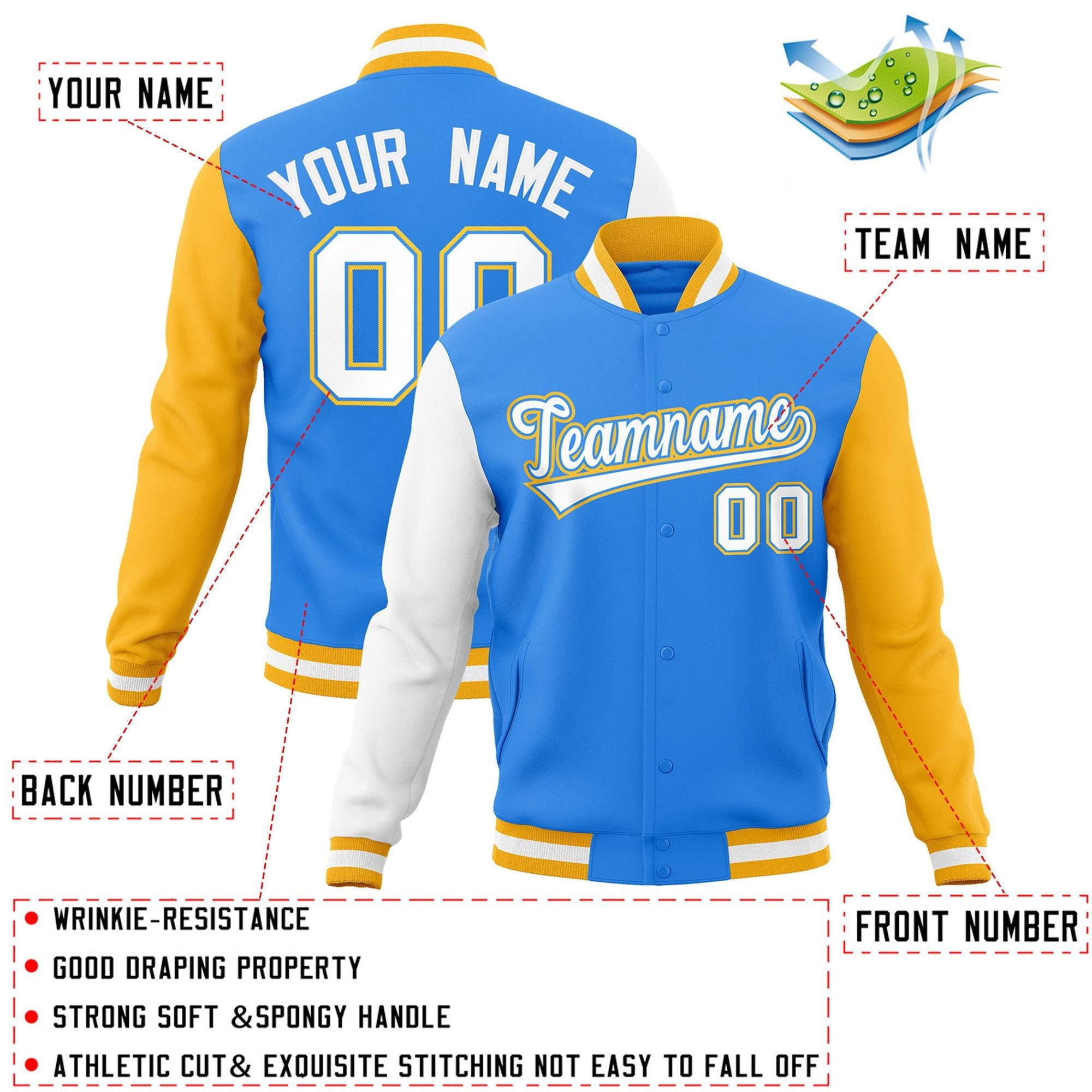 Custom Powder Blue White-Powder Blue Raglan Sleeves Varsity Full-Snap Letterman Jacket