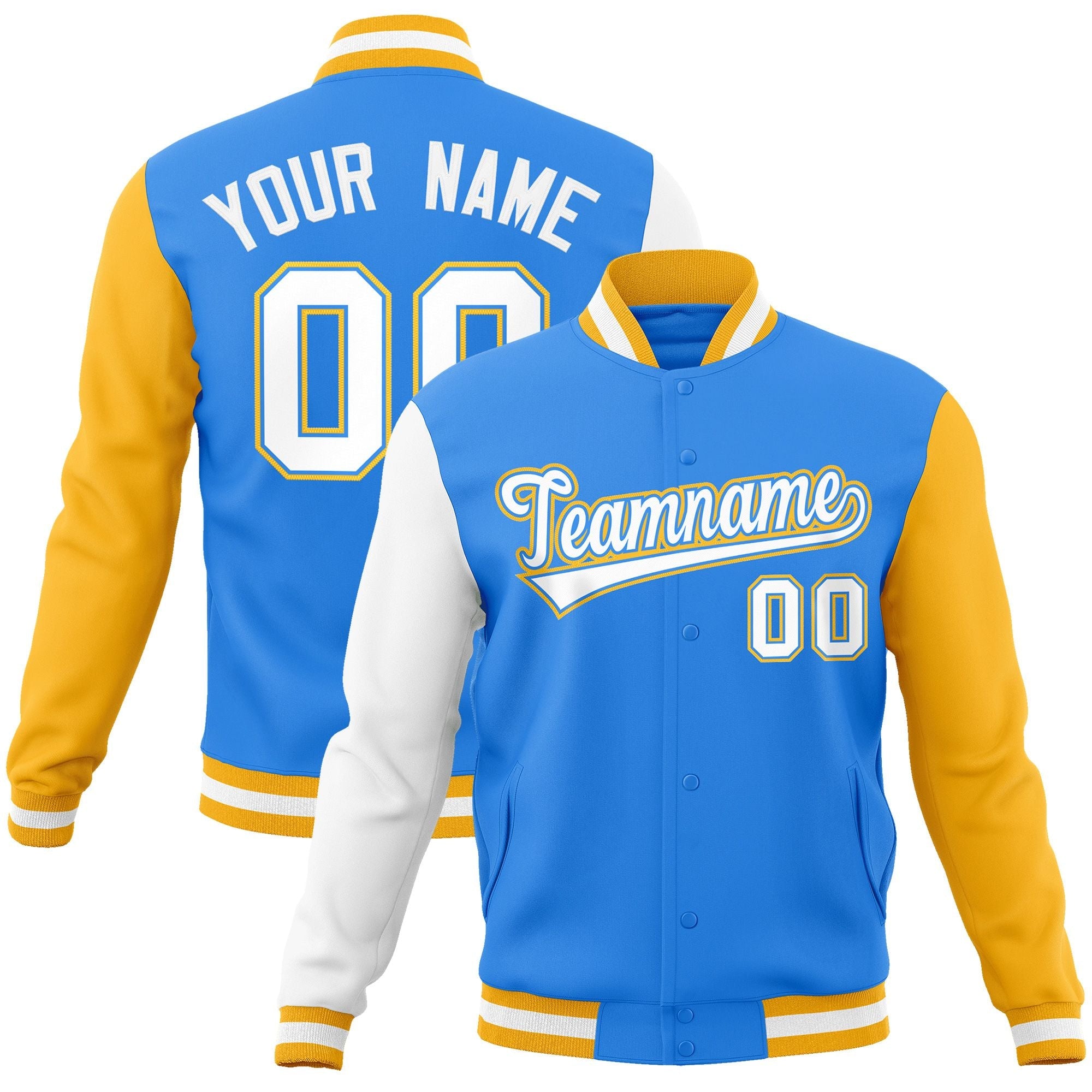 Custom Powder Blue White-Powder Blue Raglan Sleeves Varsity Full-Snap Letterman Jacket