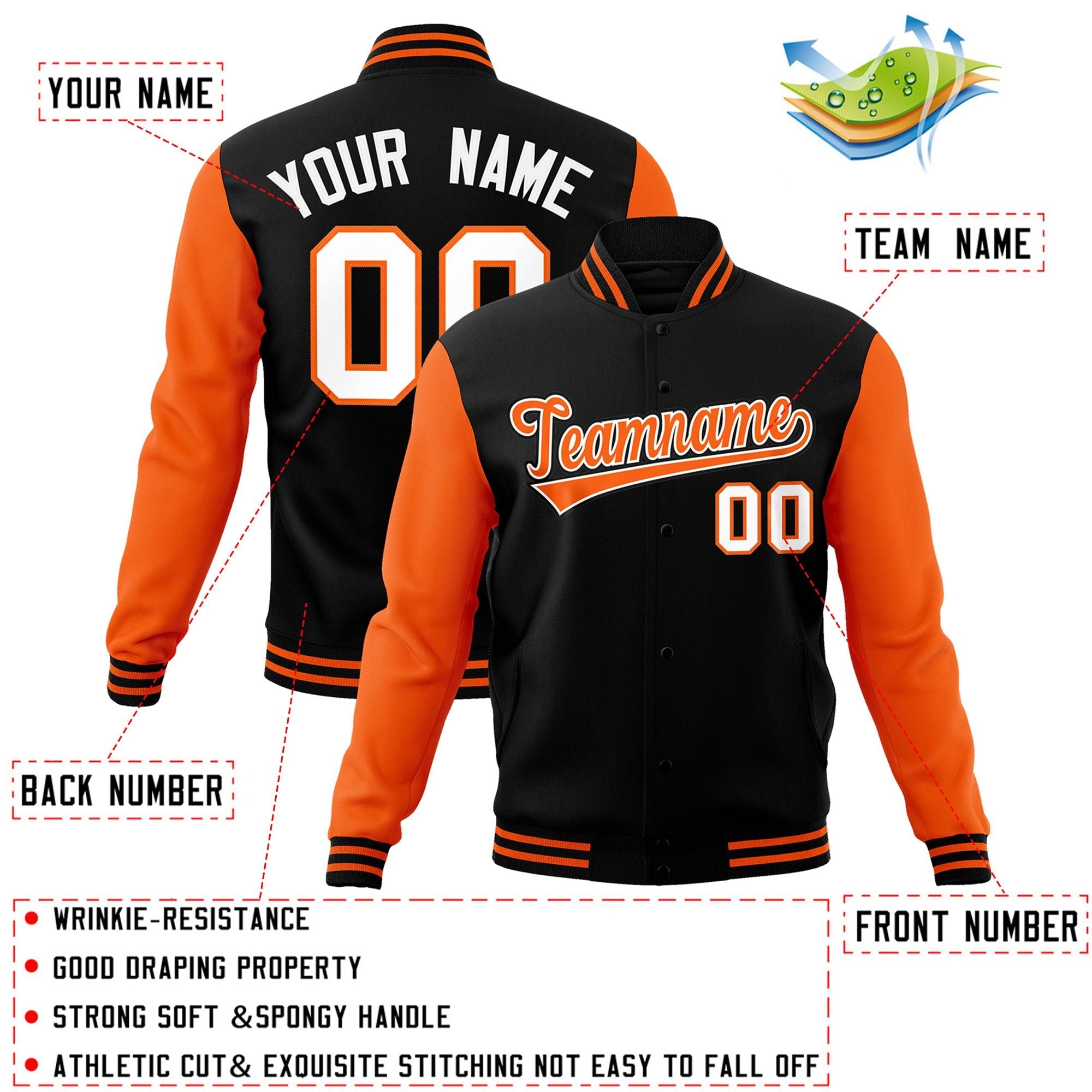 Custom Black Orange-White Raglan Sleeves Varsity Full-Snap Letterman Jacket