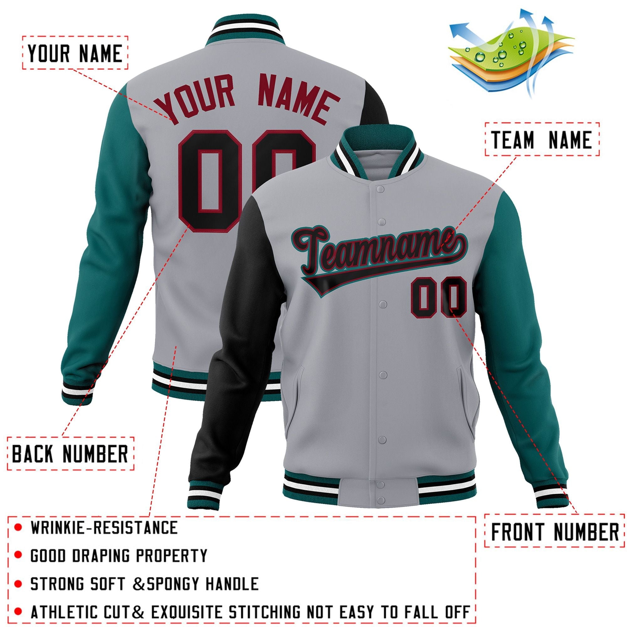 Veste Letterman Varsity Full-Snap à manches raglan gris noir-cramoisi personnalisée