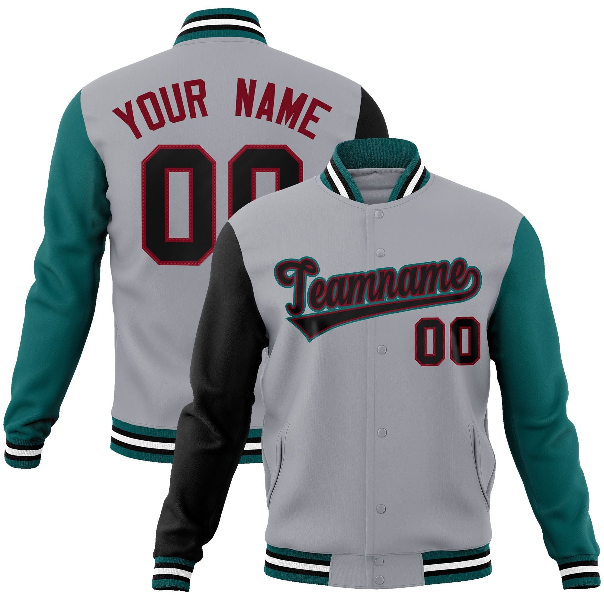 Custom Gray Black-Crimson Raglan Sleeves Varsity Full-Snap Letterman Jacket