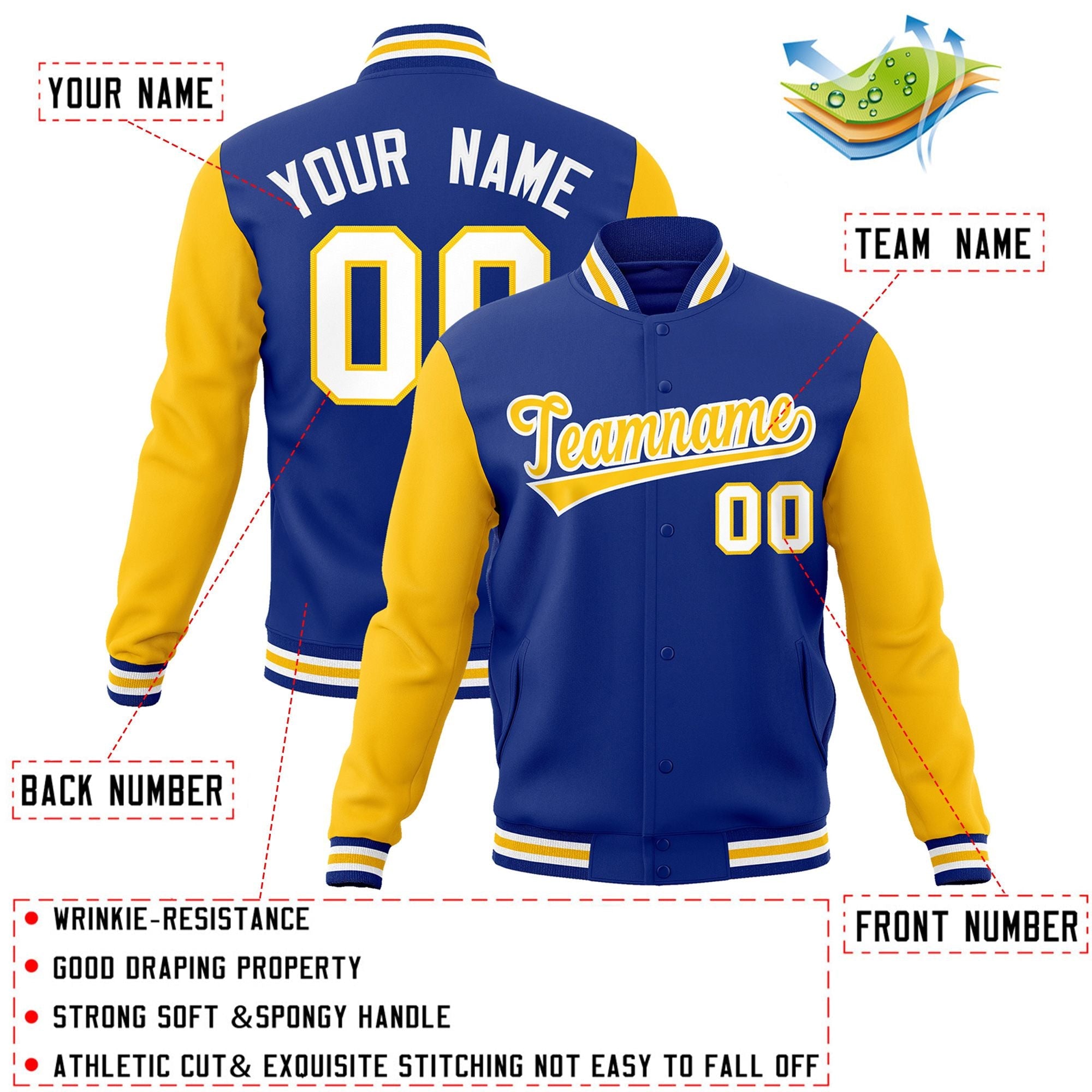 Custom Royal Gold-White Raglan Sleeves Varsity Full-Snap Letterman Jacket