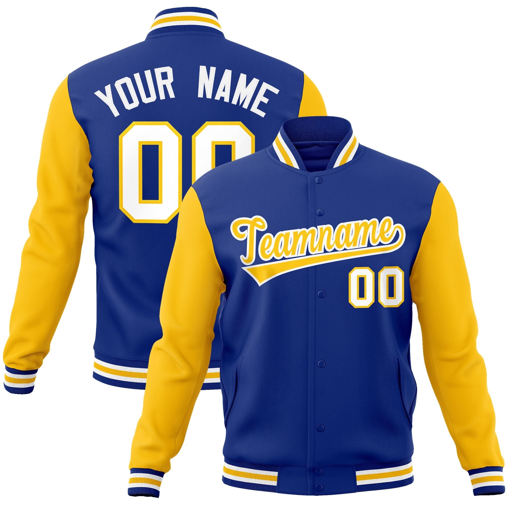 Custom Royal Gold-White Raglan Sleeves Varsity Full-Snap Letterman Jacket