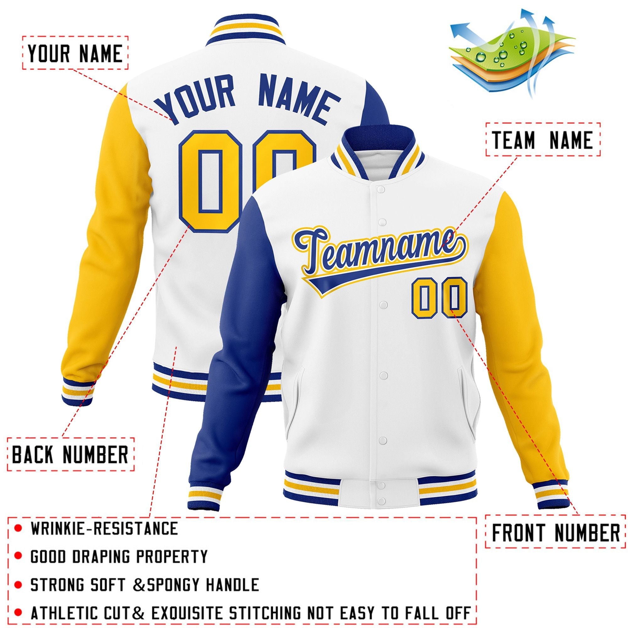 Veste Letterman Varsity Full-Snap à manches raglan blanc royal-blanc personnalisée