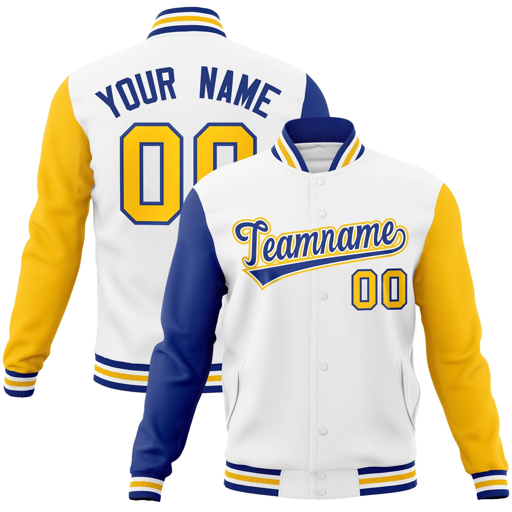 Custom White Royal-White Raglan Sleeves Varsity Full-Snap Letterman Jacket