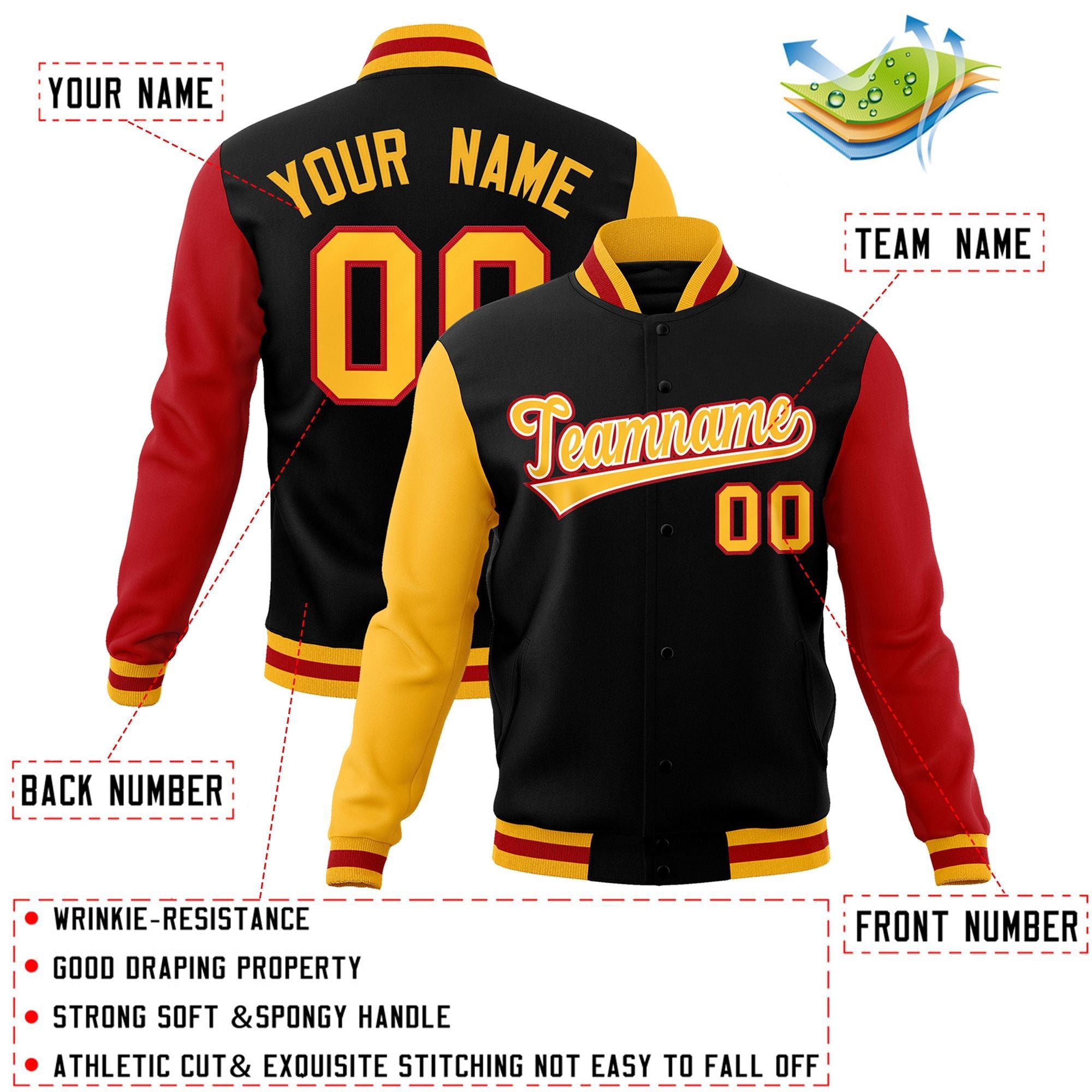 Custom Black Gold-White Raglan Sleeves Varsity Full-Snap Letterman Jacket