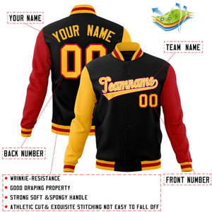 Veste Letterman Varsity Full-Snap à manches raglan personnalisées noir or-blanc