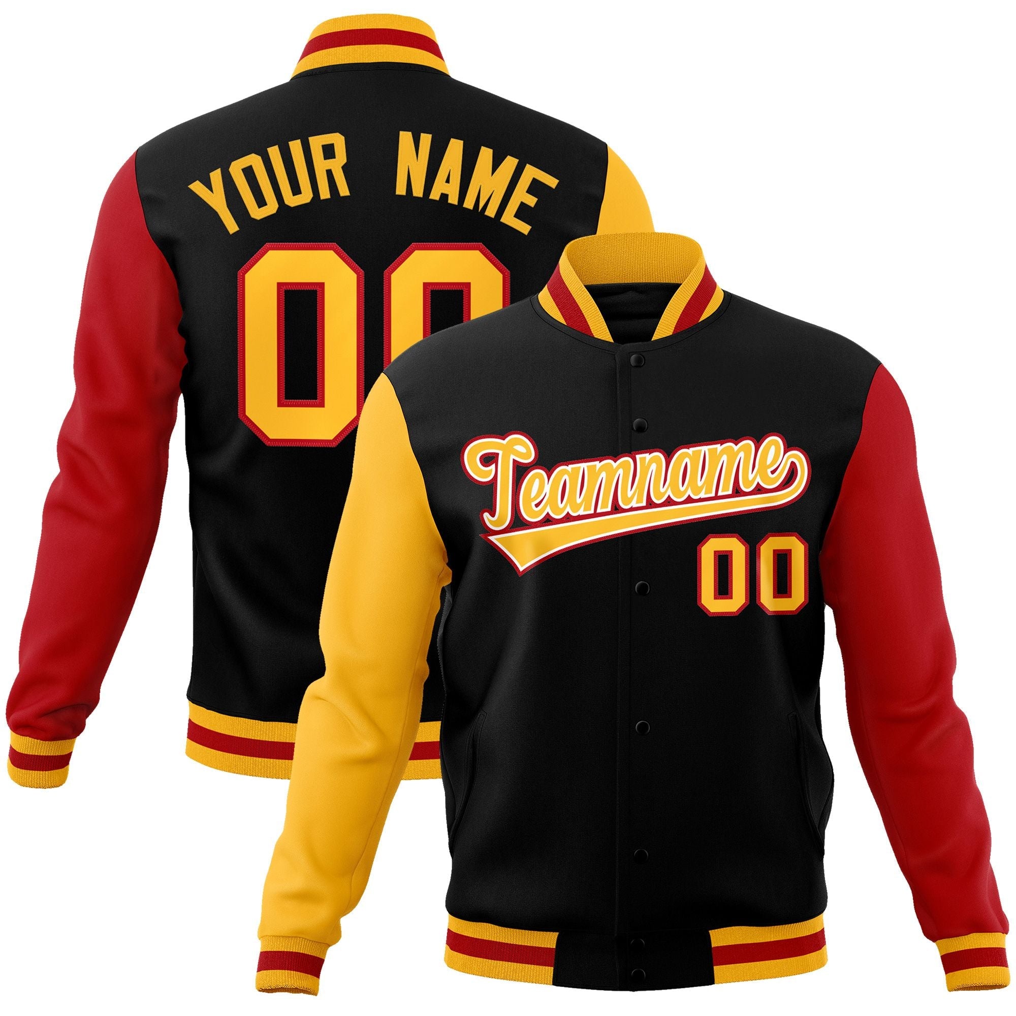 Custom Black Gold-White Raglan Sleeves Varsity Full-Snap Letterman Jacket