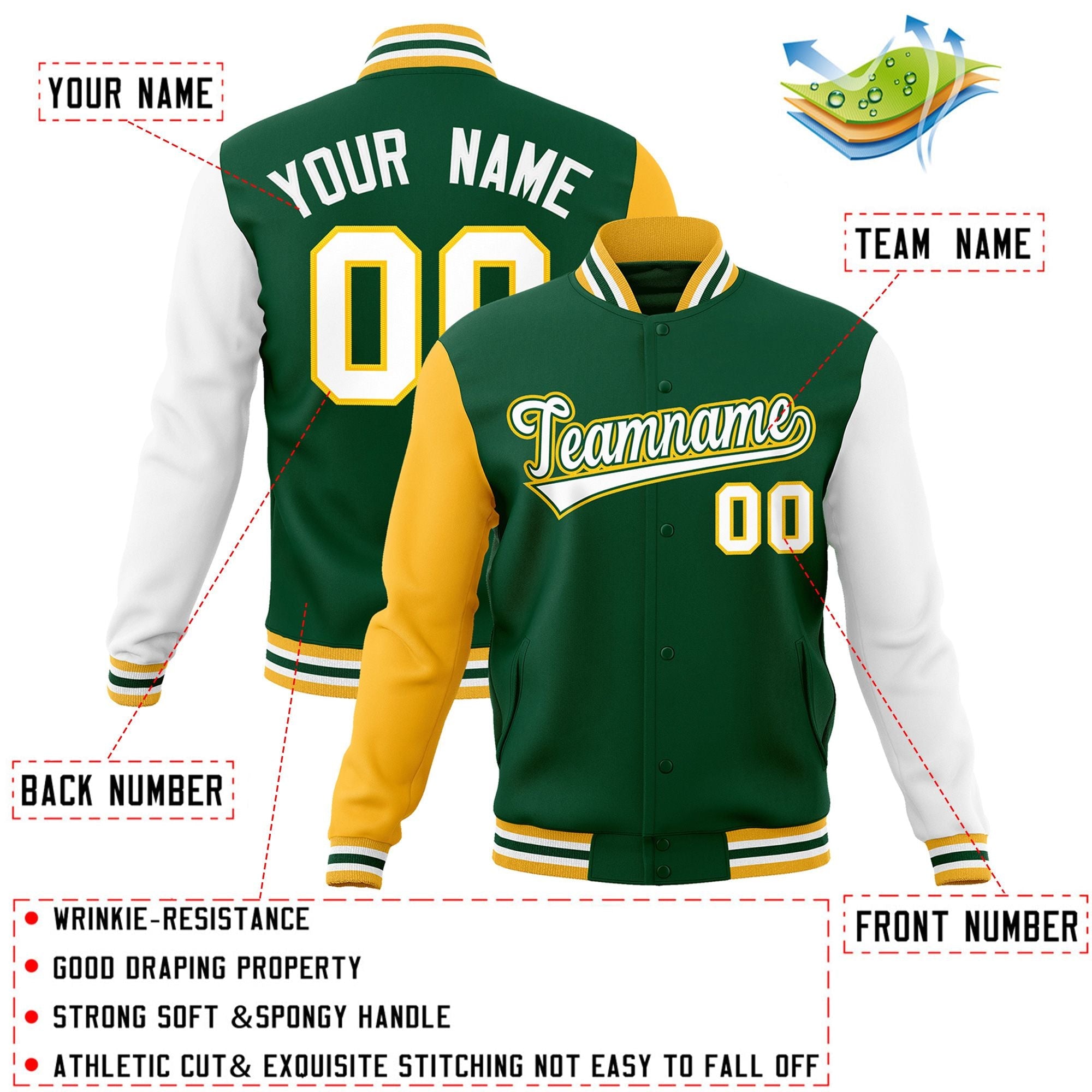 Veste Letterman Varsity Full-Snap à manches raglan personnalisées vert blanc-vert