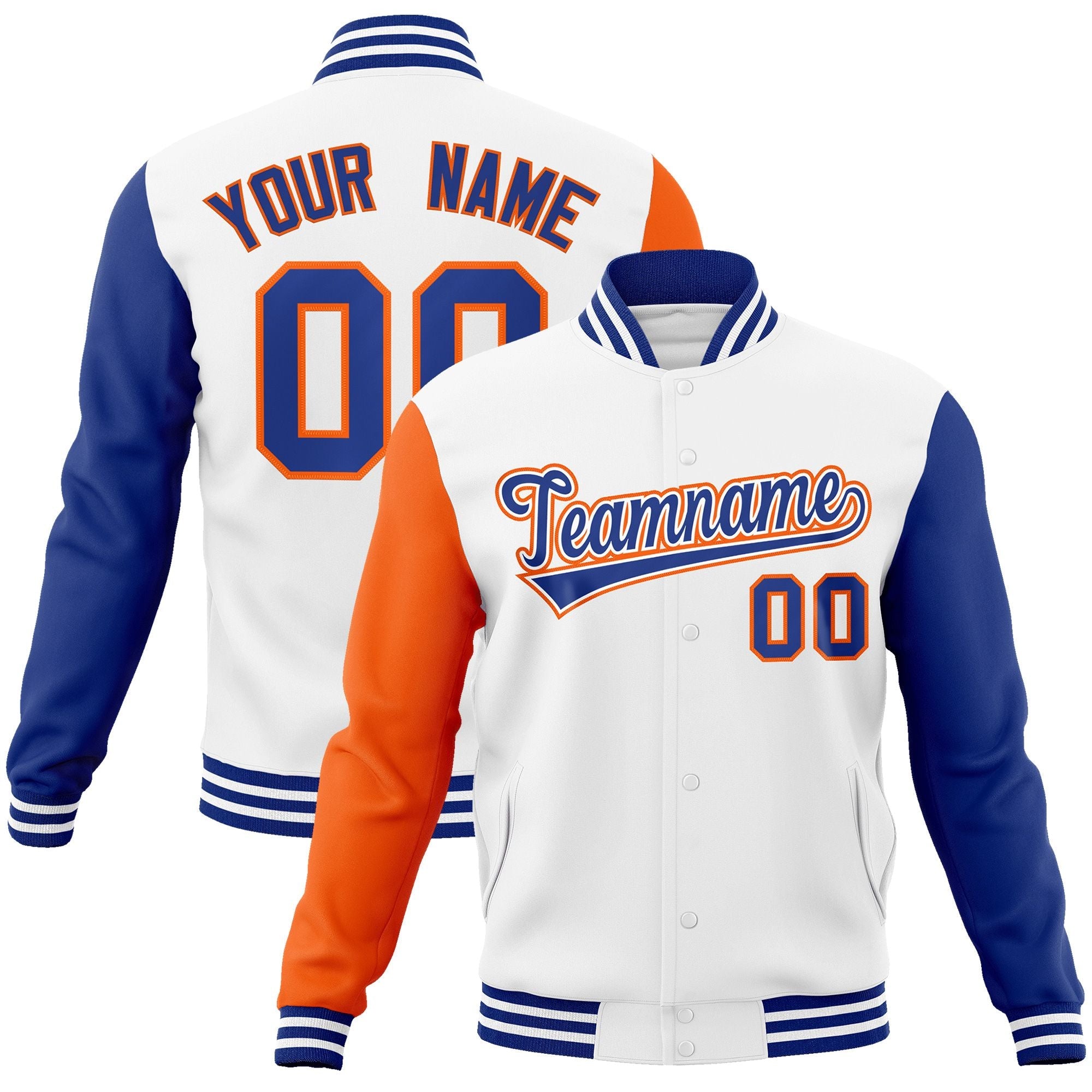 Custom White Royal-White Raglan Sleeves Varsity Full-Snap Letterman Jacket