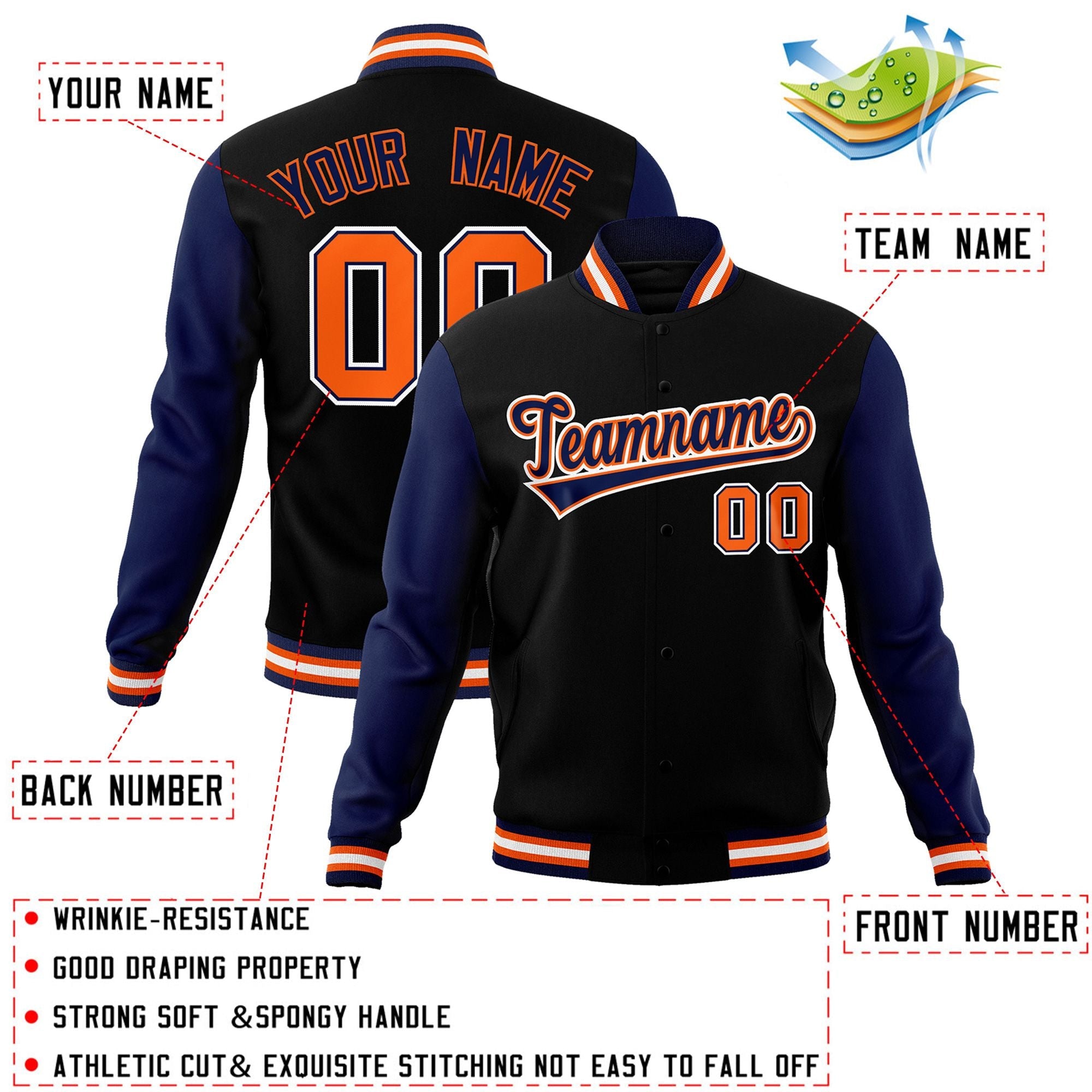 Custom Black Navy-Orange Raglan Sleeves Varsity Full-Snap Letterman Jacket