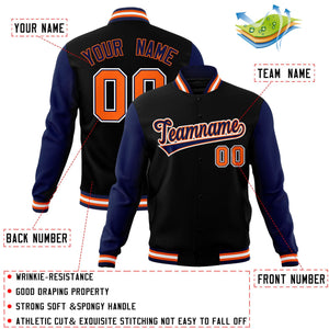 Veste Letterman Varsity à manches raglan noires et orange personnalisées