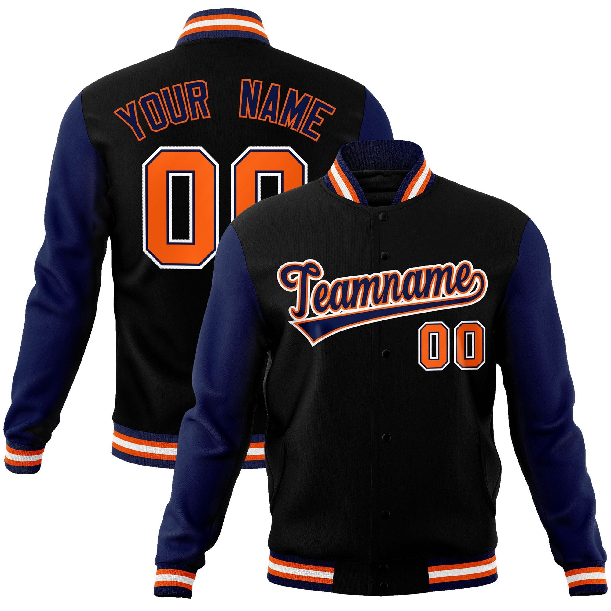 Custom Black Navy-Orange Raglan Sleeves Varsity Full-Snap Letterman Jacket