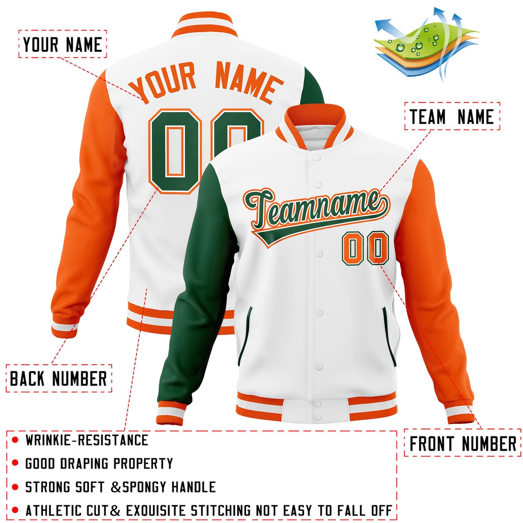 Custom White Green-White Raglan Sleeves Varsity Full-Snap Letterman Jacket