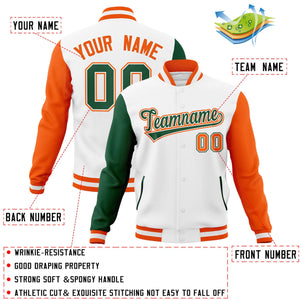 Custom White Green-White Raglan Sleeves Varsity Full-Snap Letterman Jacket