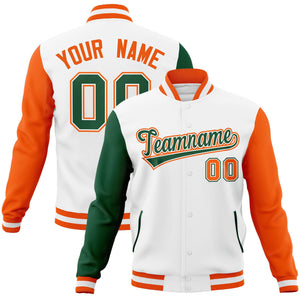 Custom White Green-White Raglan Sleeves Varsity Full-Snap Letterman Jacket