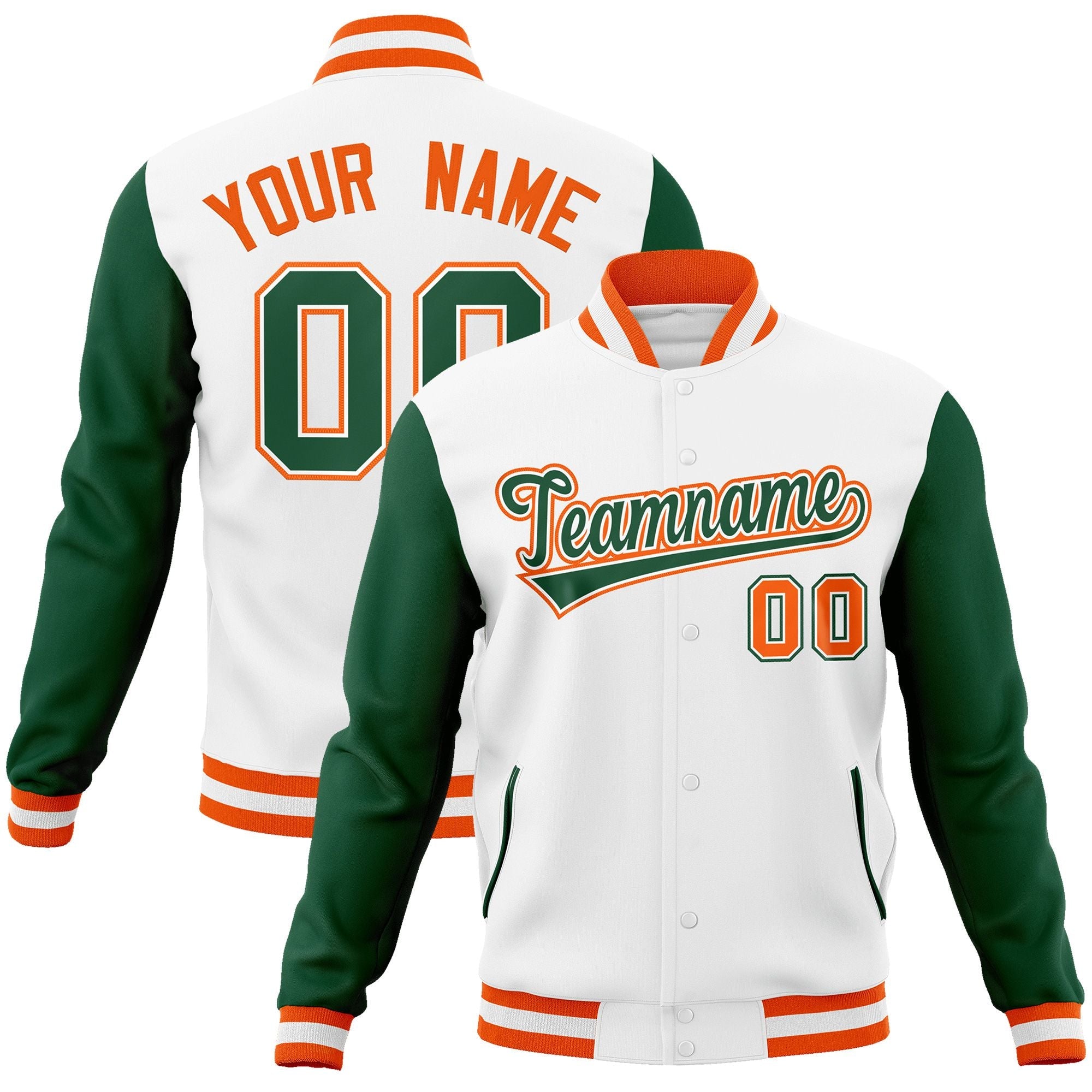 Custom White Green-White Raglan Sleeves Varsity Full-Snap Letterman Jacket