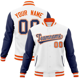 Custom White Navy-White Raglan Sleeves Varsity Full-Snap Letterman Jacket