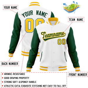 Veste Letterman Varsity Full-Snap à manches raglan personnalisées blanc vert-or