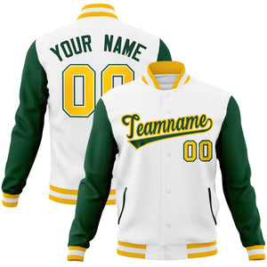 Custom White Green-Gold Raglan Sleeves Varsity Full-Snap Letterman Jacket