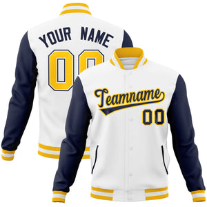 Custom White Navy-Gold Raglan Sleeves Varsity Full-Snap Letterman Jacket