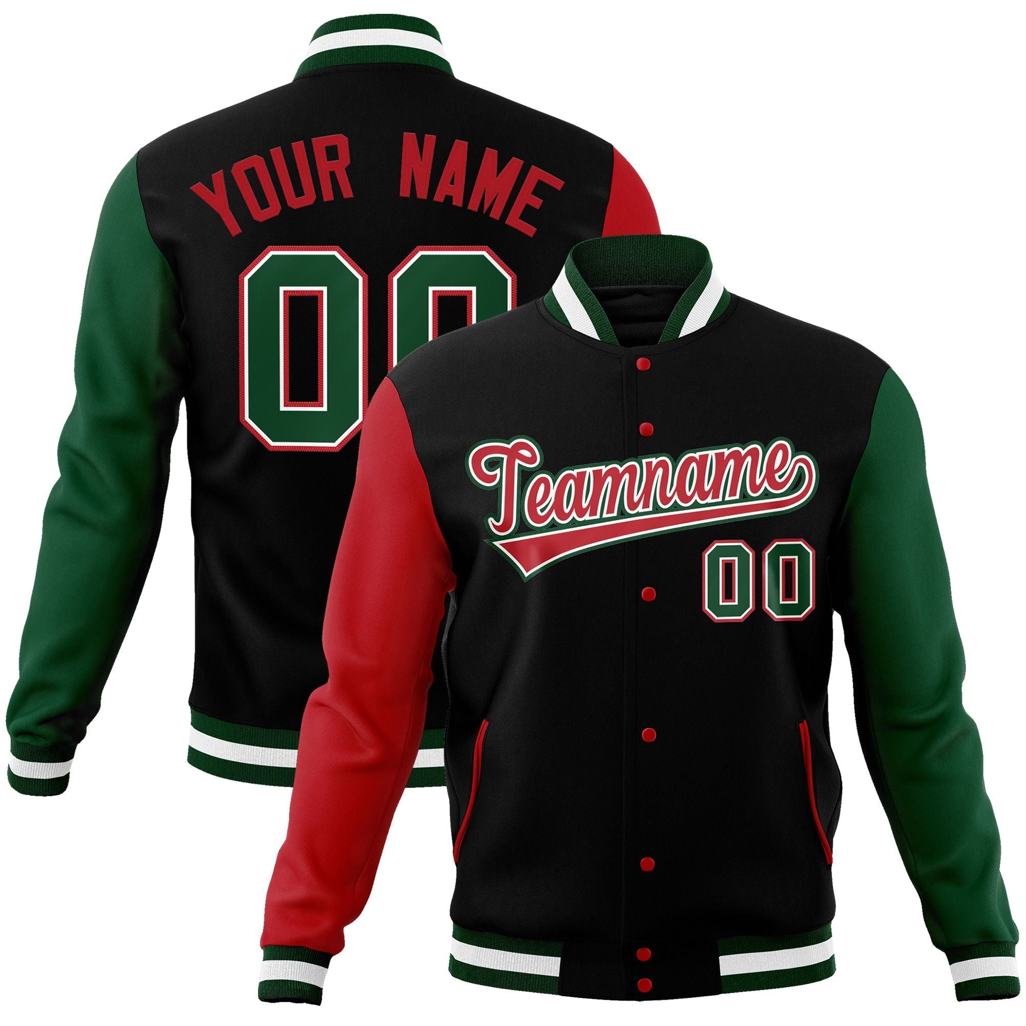 Custom Black Red-White Raglan Sleeves Varsity Full-Snap Letterman Jacket