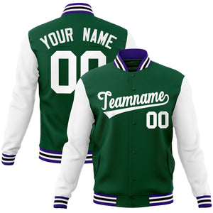 Custom Green White Raglan Sleeves Varsity Full-Snap Letterman Jacket