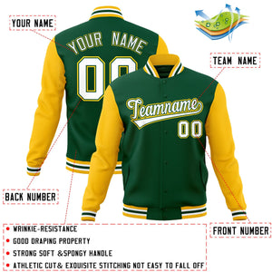 Veste Letterman Varsity Full-Snap à manches raglan personnalisées vert blanc-vert