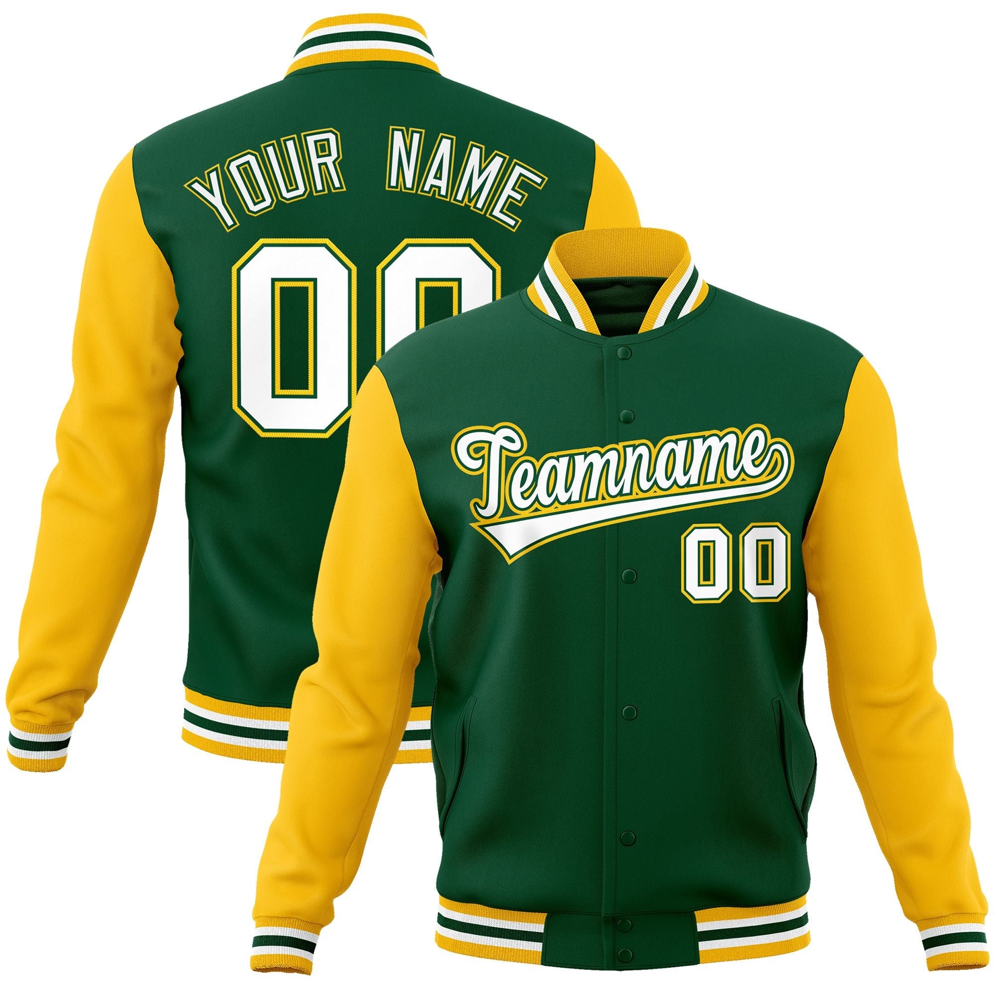 Custom Green White-Green Raglan Sleeves Varsity Full-Snap Letterman Jacket