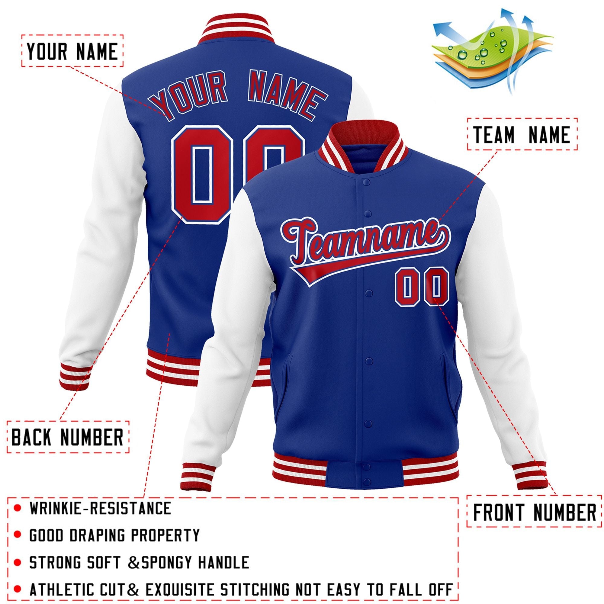 Custom Royal Red-Royal Raglan Sleeves Varsity Full-Snap Letterman Jacket