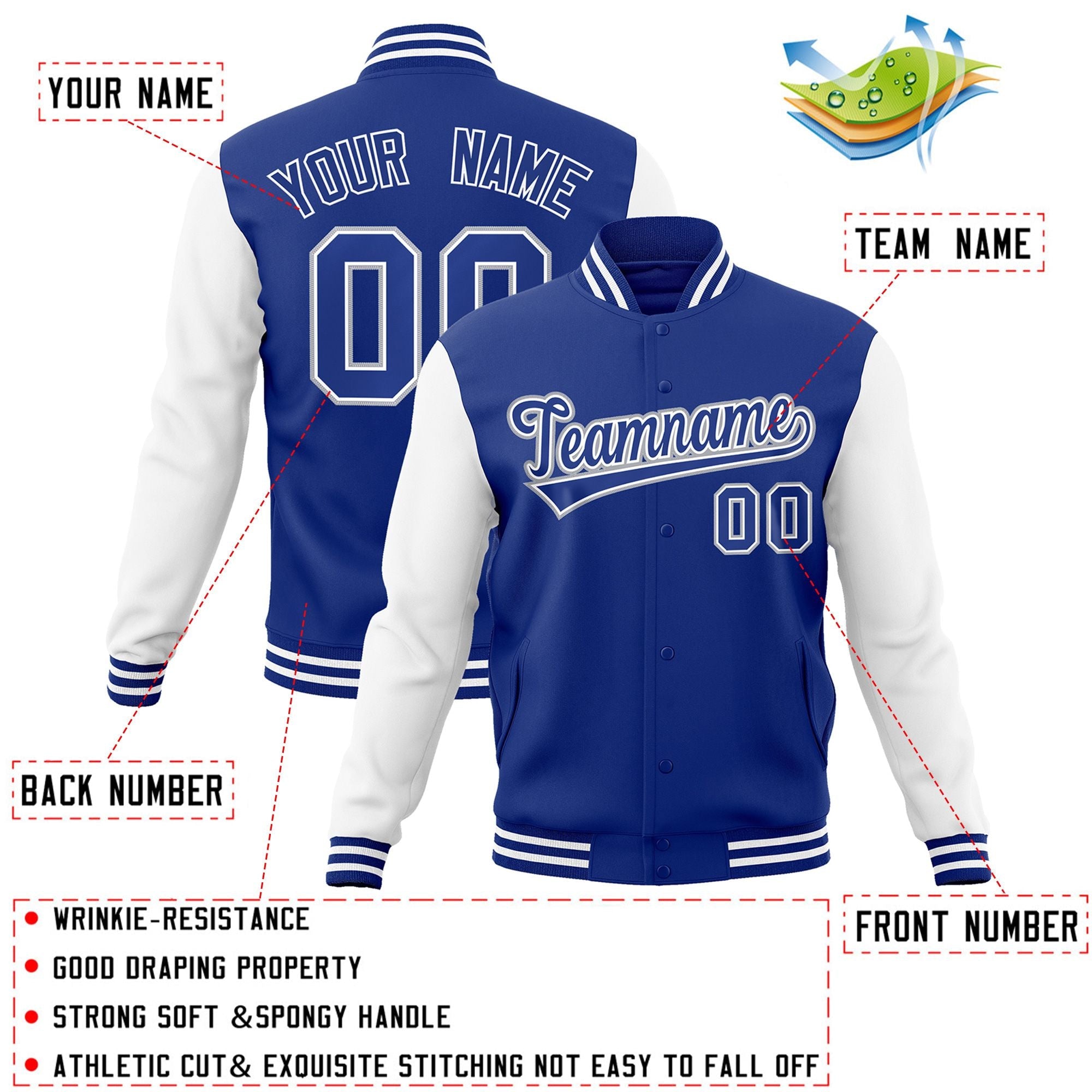 Veste Letterman Varsity à manches raglan Royal Royal-White personnalisée