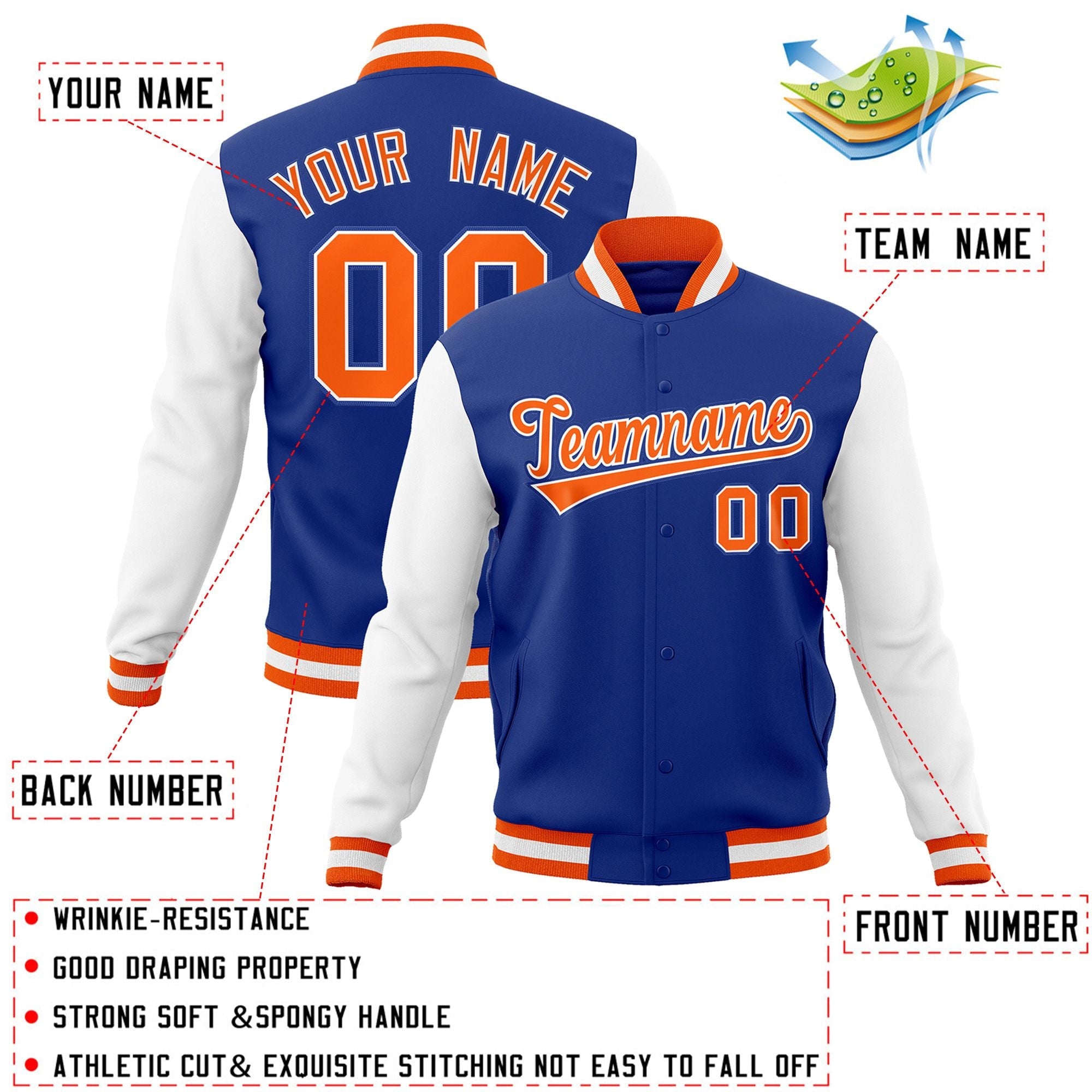 Custom Royal Orange-White Raglan Sleeves Varsity Full-Snap Letterman Jacket