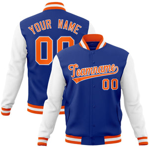 Custom Royal Orange-White Raglan Sleeves Varsity Full-Snap Letterman Jacket