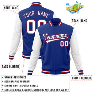 Custom Royal White-Royal Raglan Sleeves Varsity Full-Snap Letterman Jacket