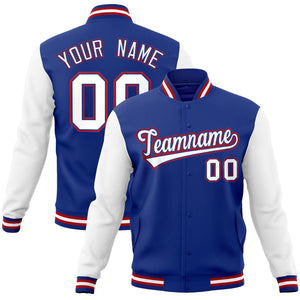 Custom Royal White-Royal Raglan Sleeves Varsity Full-Snap Letterman Jacket