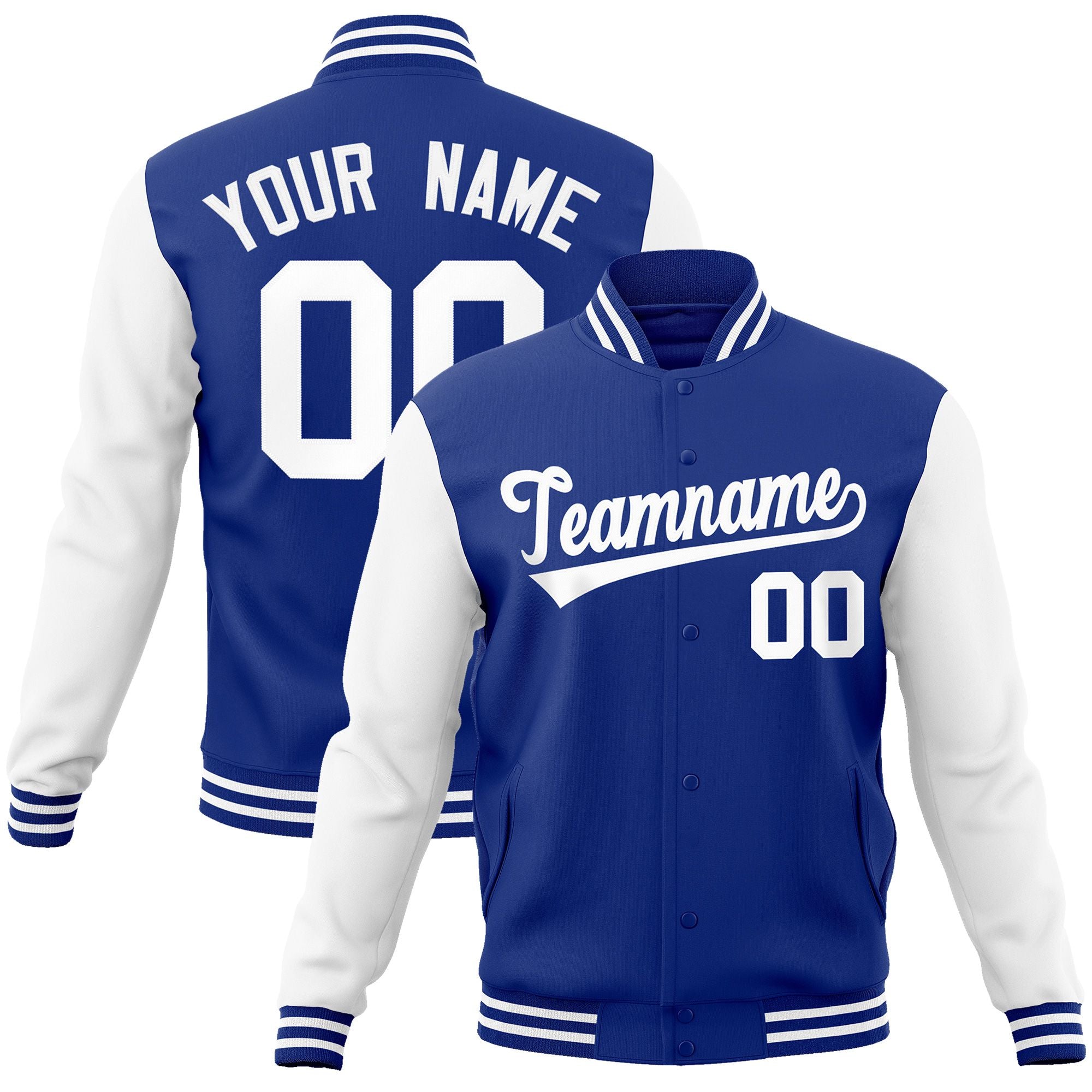 Custom Royal White Raglan Sleeves Varsity Full-Snap Letterman Jacket