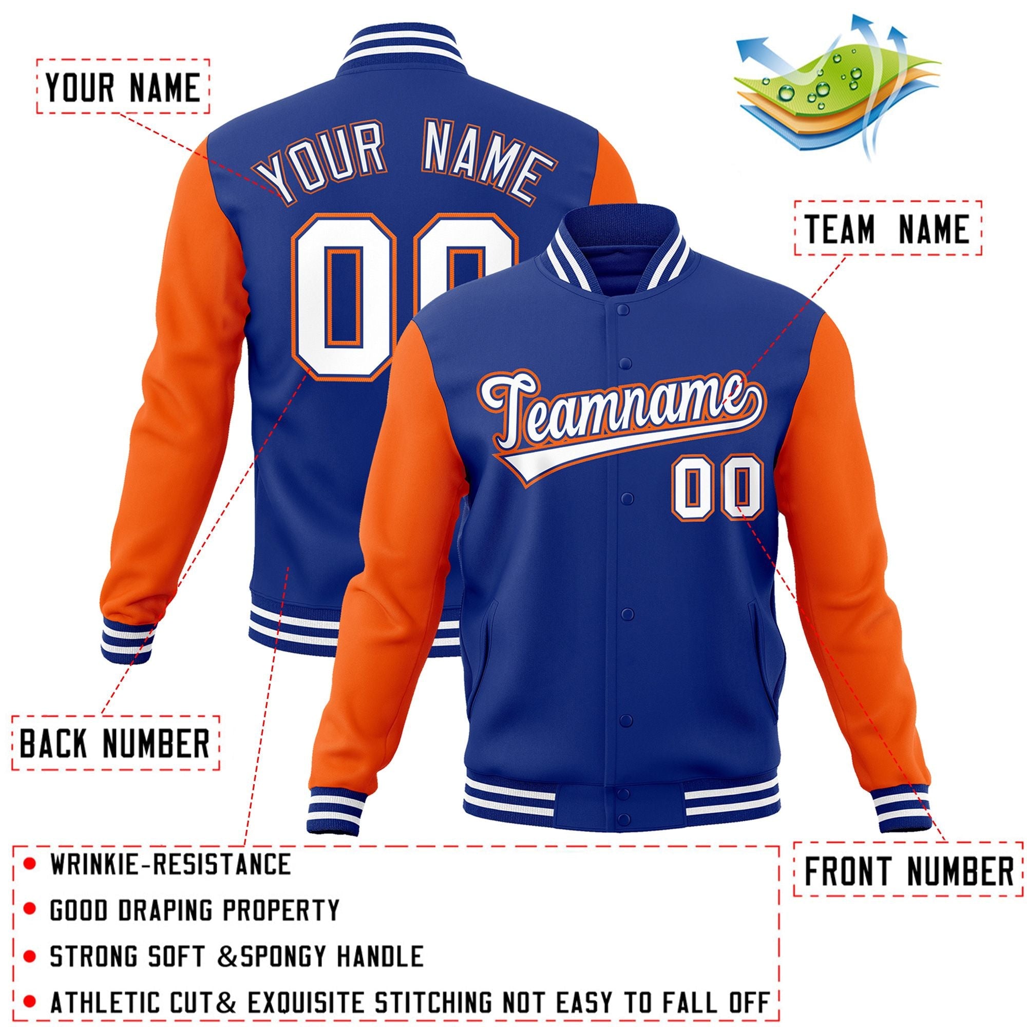 Custom Royal White-Royal Raglan Sleeves Varsity Full-Snap Letterman Jacket