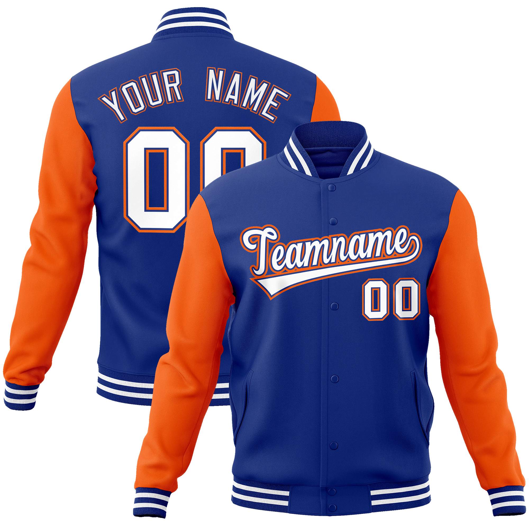 Custom Royal White-Royal Raglan Sleeves Varsity Full-Snap Letterman Jacket