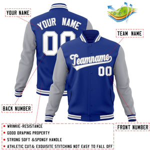 Veste Letterman Varsity Full-Snap personnalisée à manches raglan blanc-gris royal