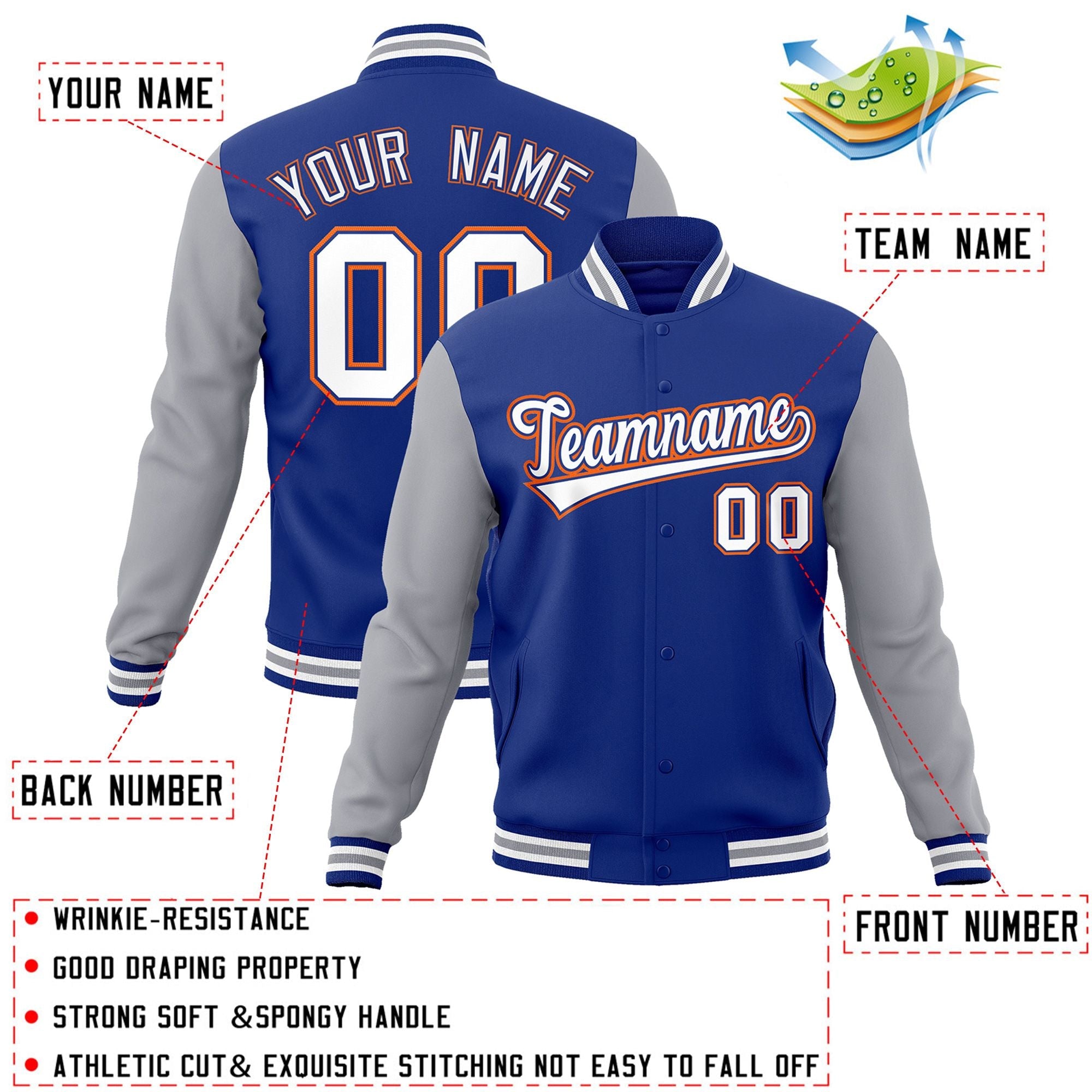 Veste Letterman Varsity Full-Snap Custom Royal White-Royal Raglan Sleeves