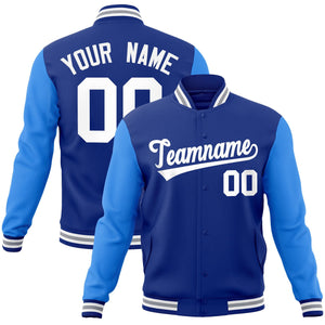 Custom Royal White Raglan Sleeves Varsity Full-Snap Letterman Jacket