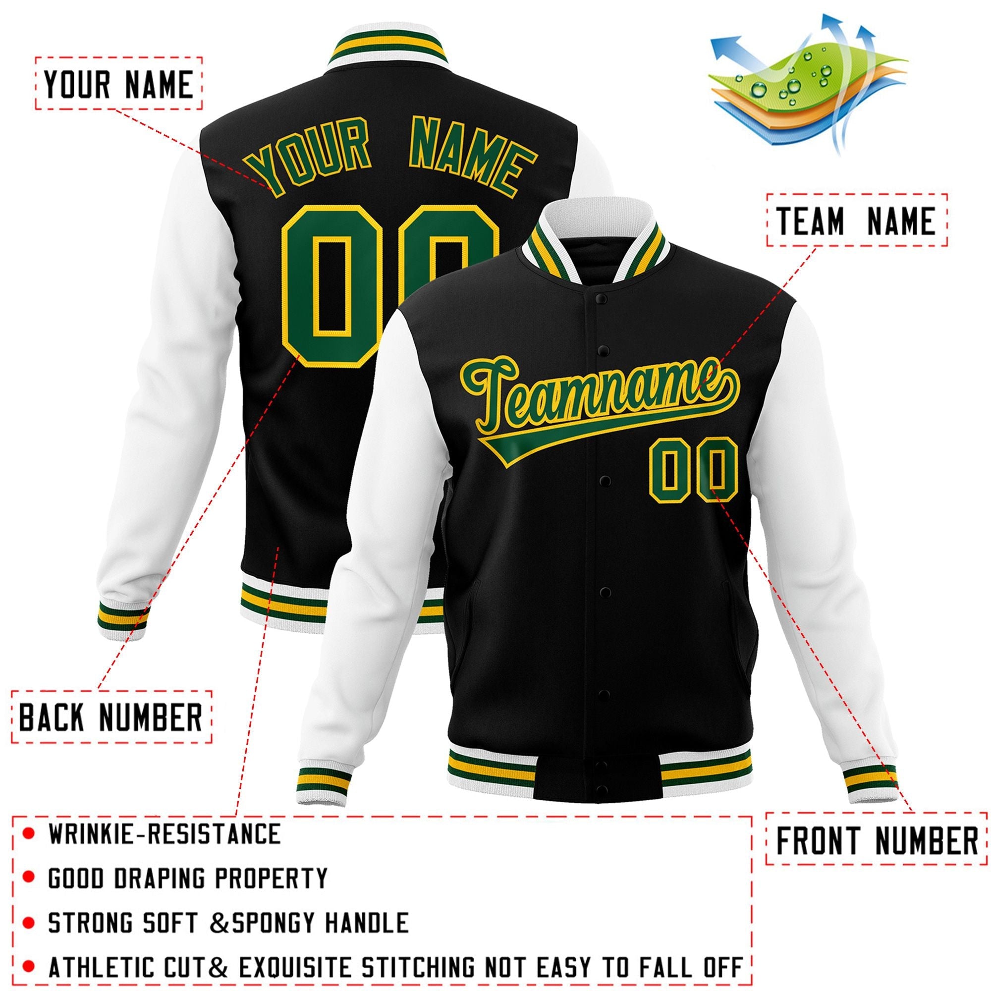 Custom Black Green-Gold Raglan Sleeves Varsity Full-Snap Letterman Jacket